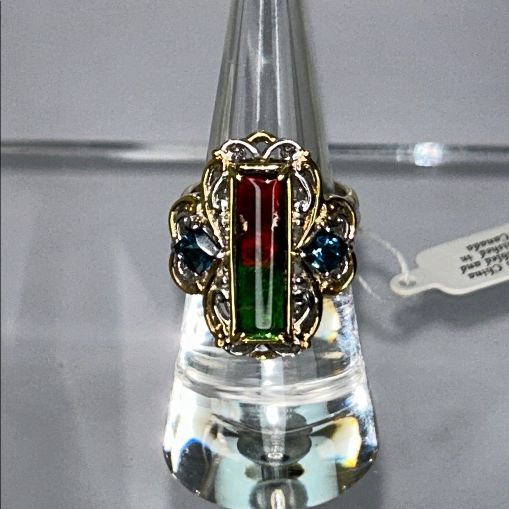 NWT Gems En Vogue Sterling Palladium 14K Accent Ammolite London Blue Topaz Ring